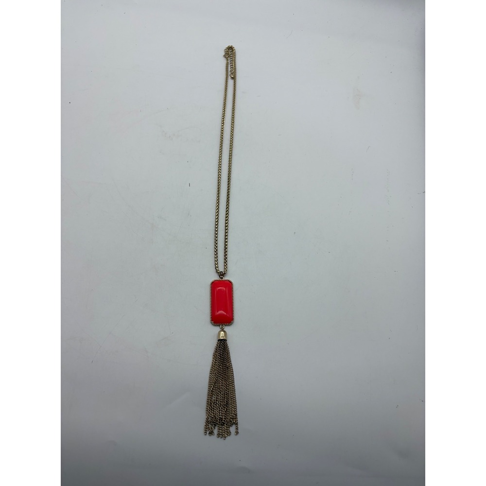 Gold Tone Long Chain Necklace Coral Orange Rectangle Resin Tassel Pendant